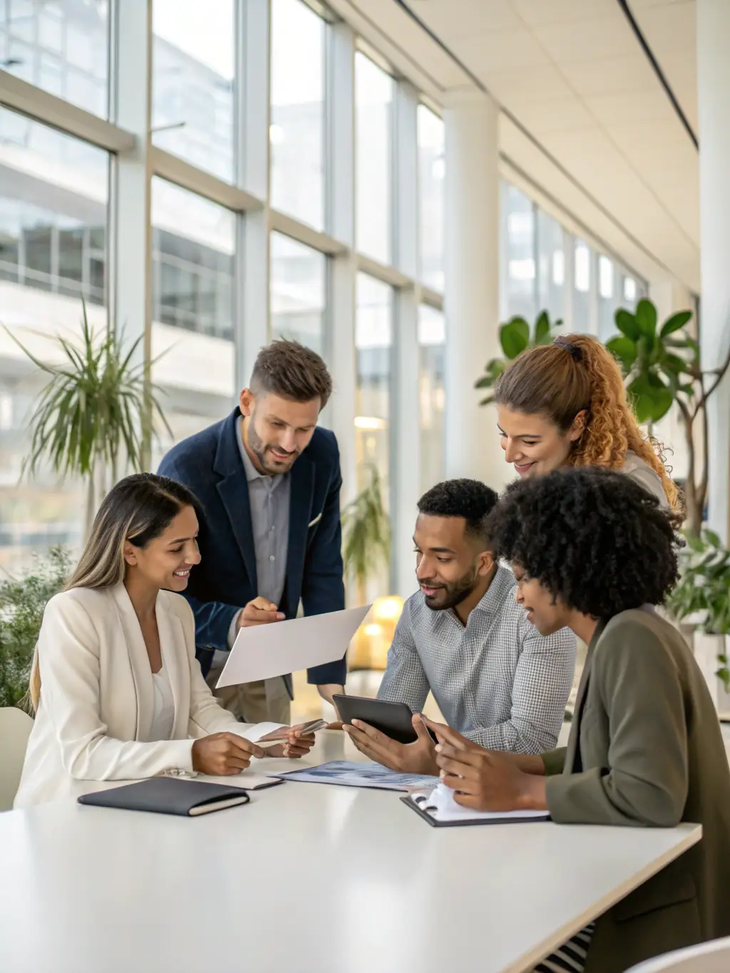 A diverse group of business professionals collaborating in a modern office, representing the comprehensive business insurance solutions offered by Alta Vida Offices.